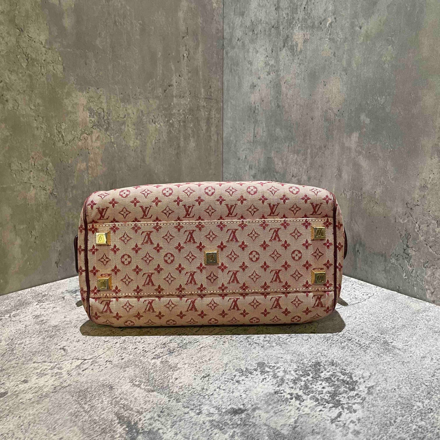 Louis Vuitton Mini Lin Monogram Red Canvas Bowling Bag Brown Handles Medium