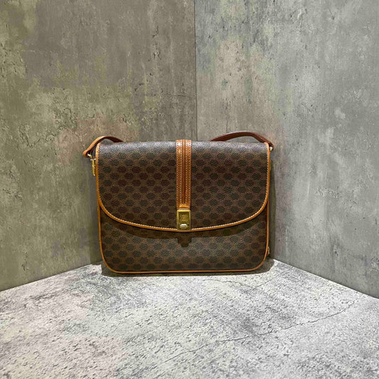 Celine Vintage Brown Monogram Canvas Messenger Bag Medium