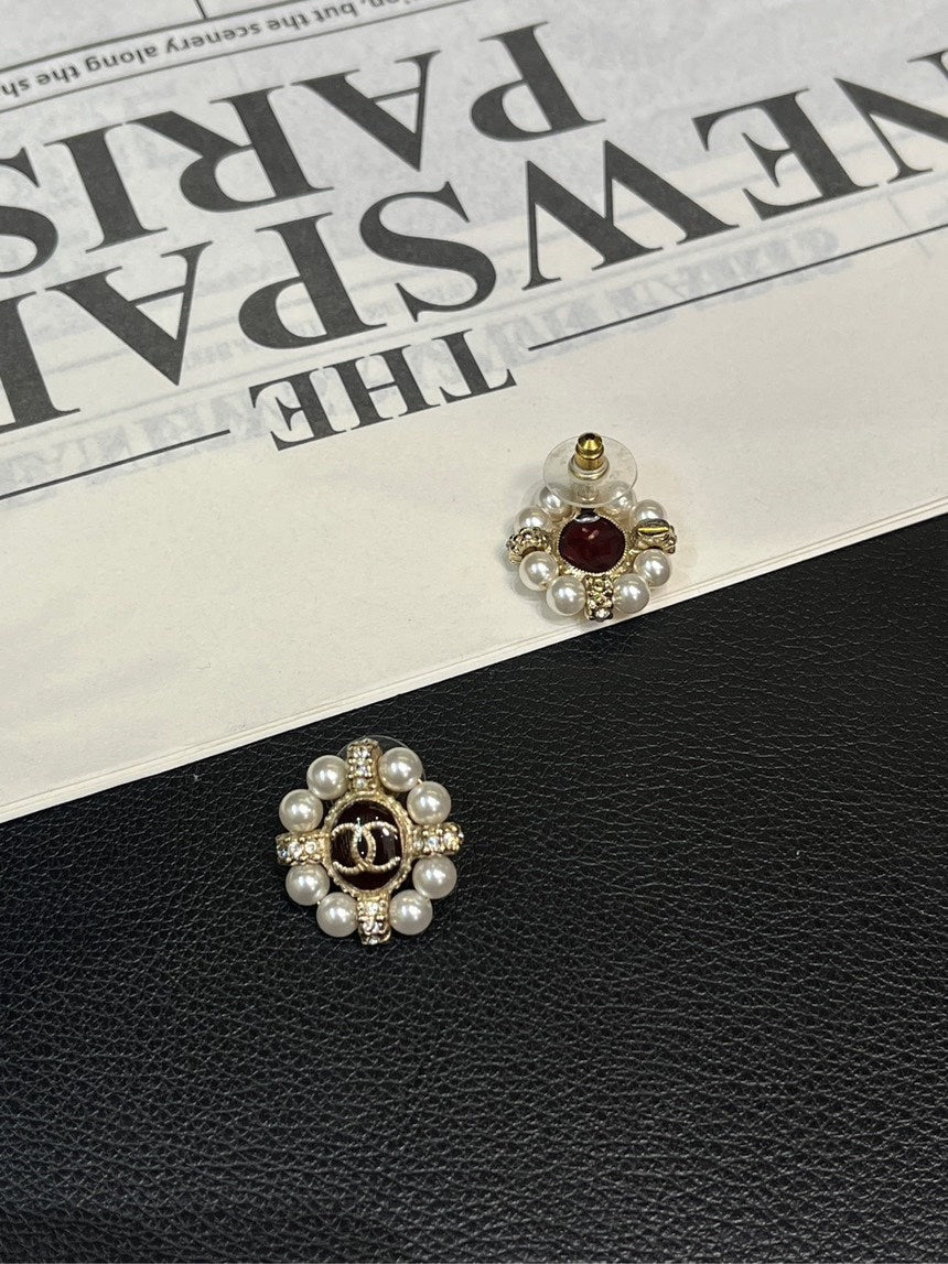 Chanel Camellia Red Pearl Stud Earrings