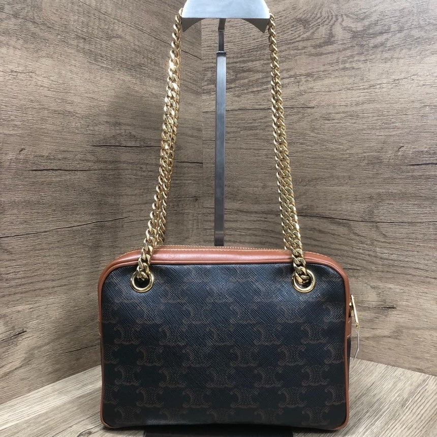 Celine Macadam Brown Canvas Leather Shoulder Bag Medium