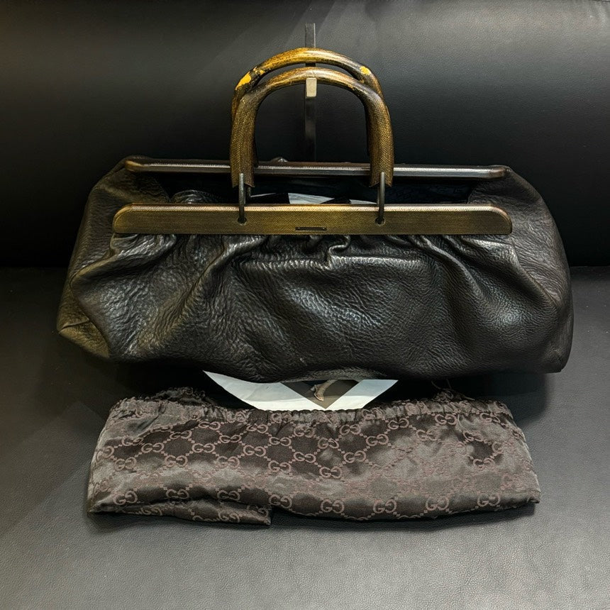 Gucci Black Leather Wooden Handle Frog Mouth Handbag Medium