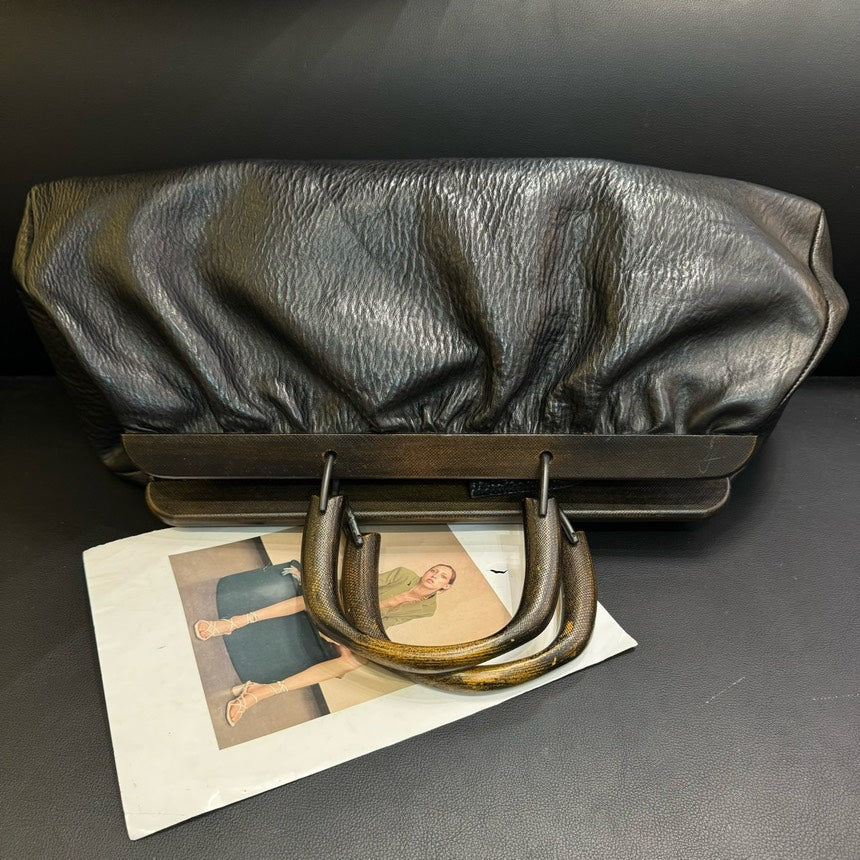 Gucci Black Leather Wooden Handle Frog Mouth Handbag Medium
