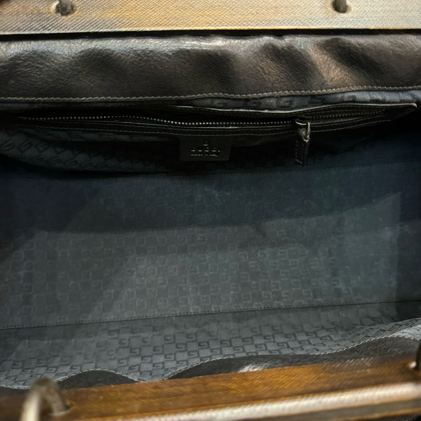 Gucci Black Leather Wooden Handle Frog Mouth Handbag Medium