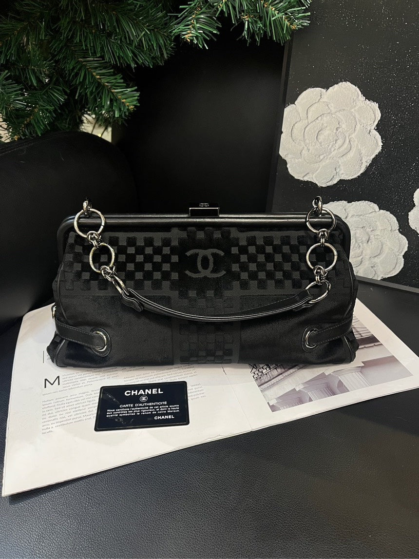 Chanel Black Velvet Frog Mouth Handbag Medium