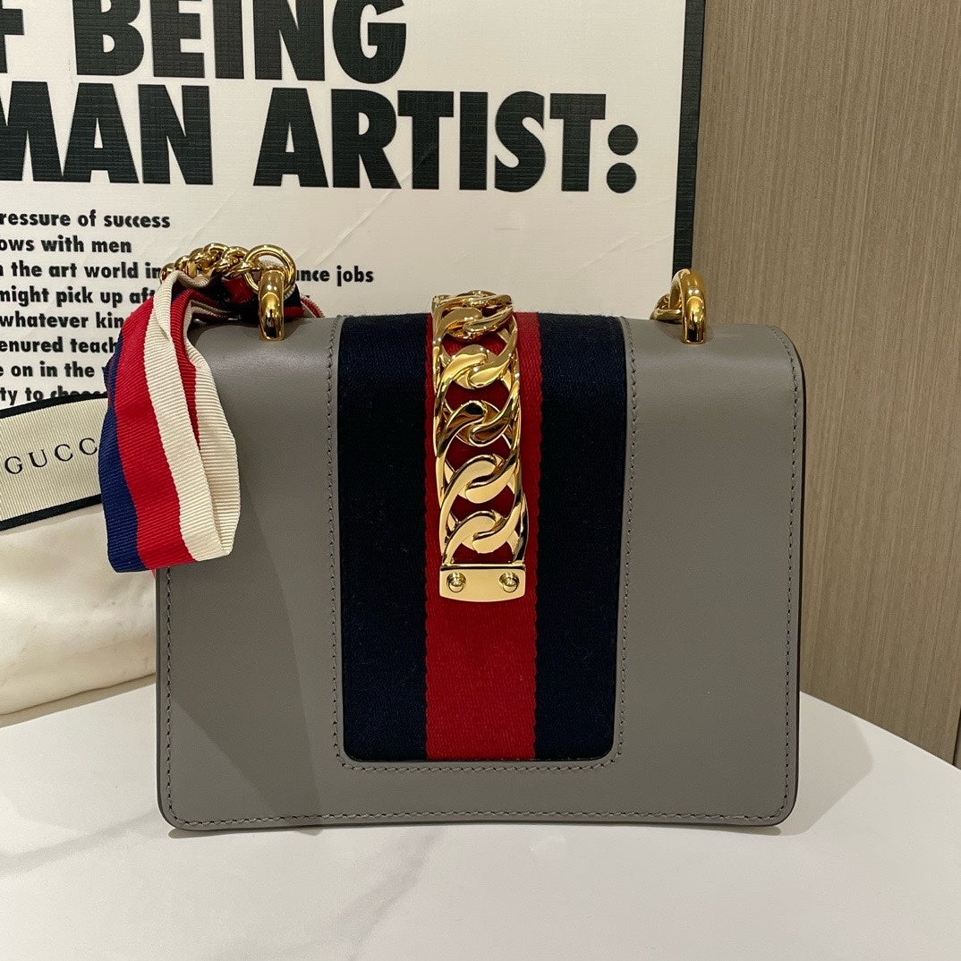 Gucci Sylvie Small Grey Leather Shoulder Bag
