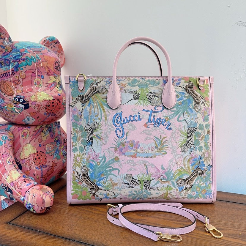 Gucci Tiger Pink Canvas Tote Bag Medium Size