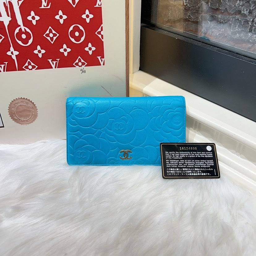 Chanel Camellia Blue Leather Embossed Wallet Medium