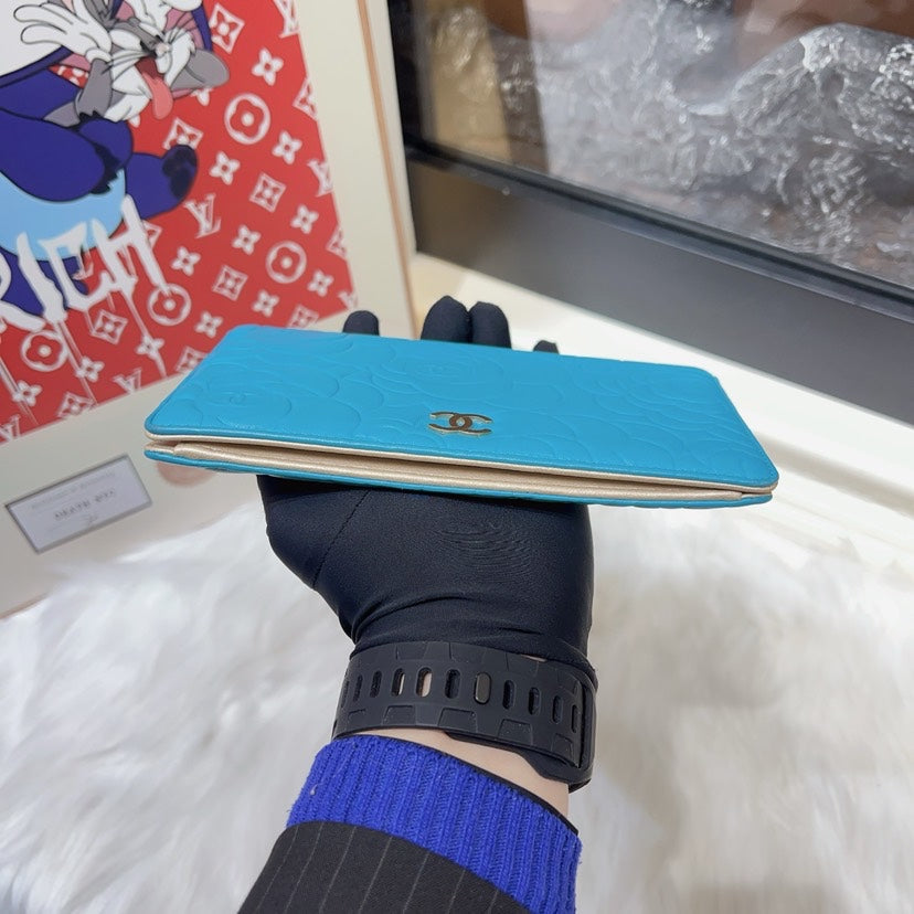 Chanel Camellia Blue Leather Embossed Wallet Medium