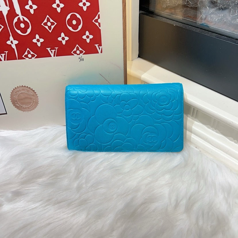 Chanel Camellia Blue Leather Embossed Wallet Medium