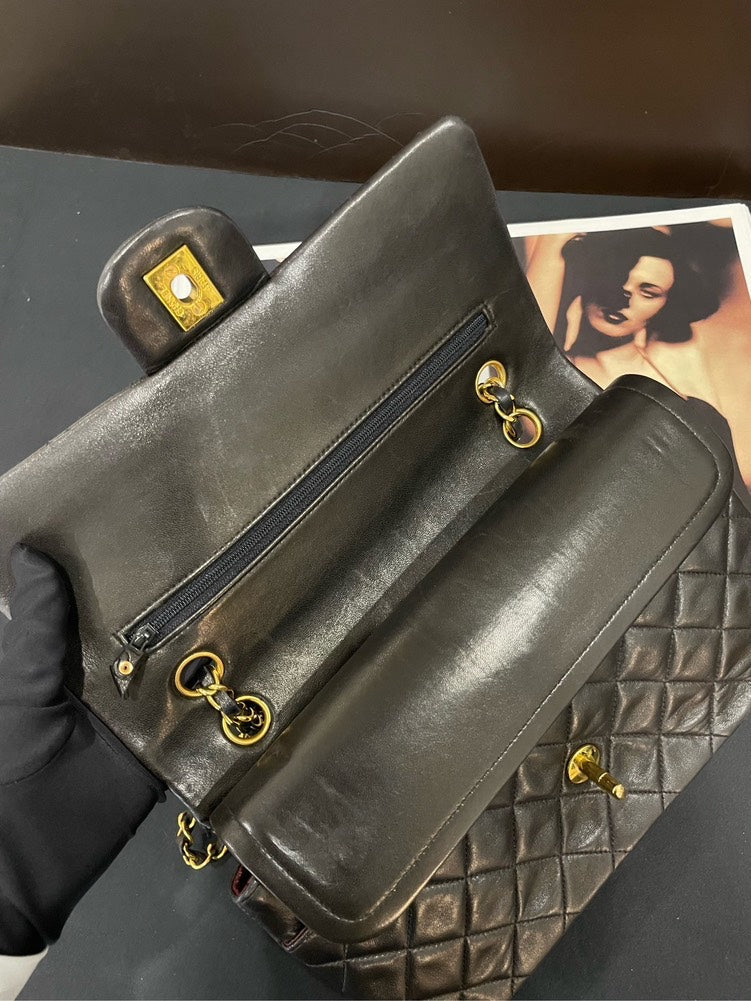 Chanel Vintage Medium Black Sheepskin Double Flap Bag Golden CC