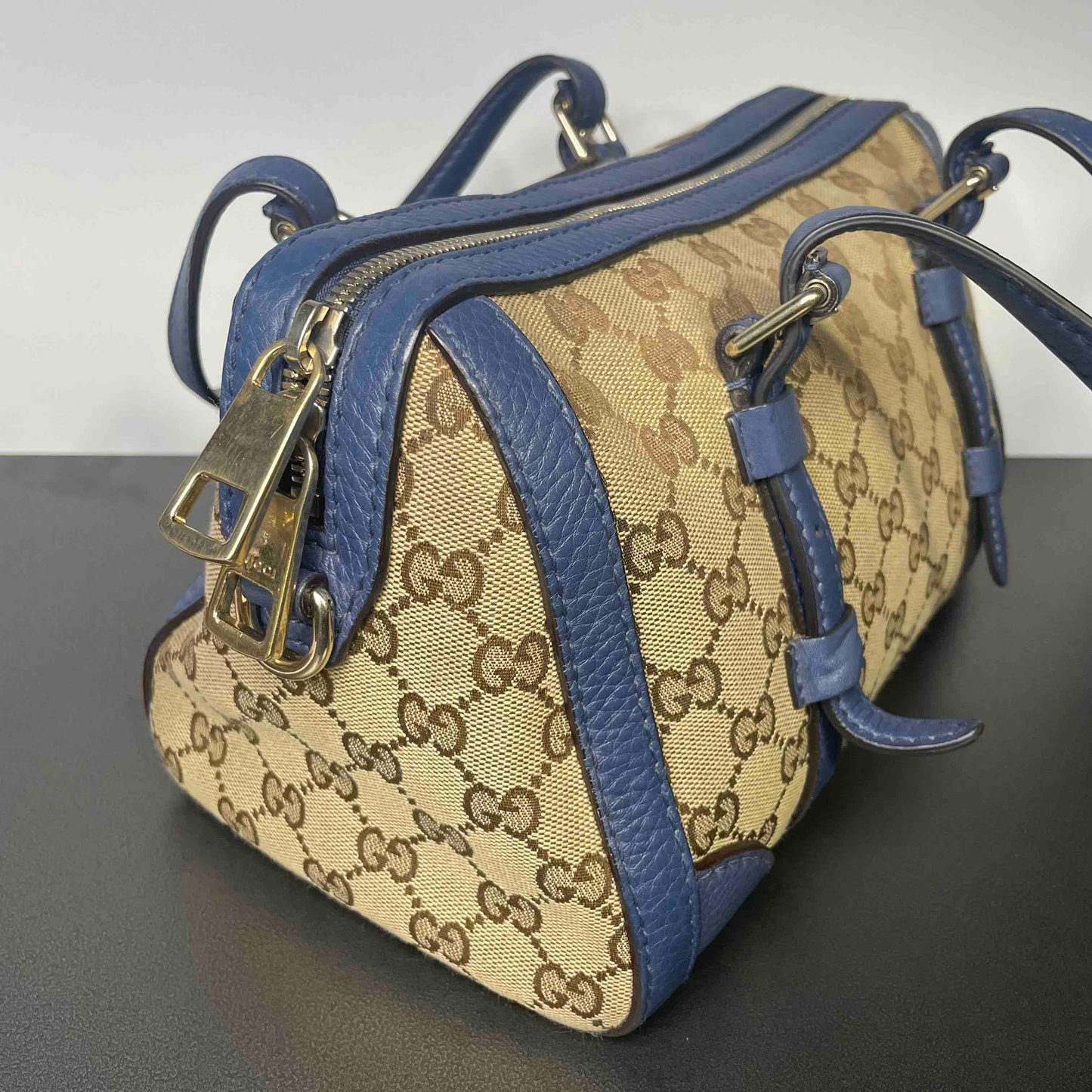 Gucci Abbey Beige and Blue Canvas Handbag