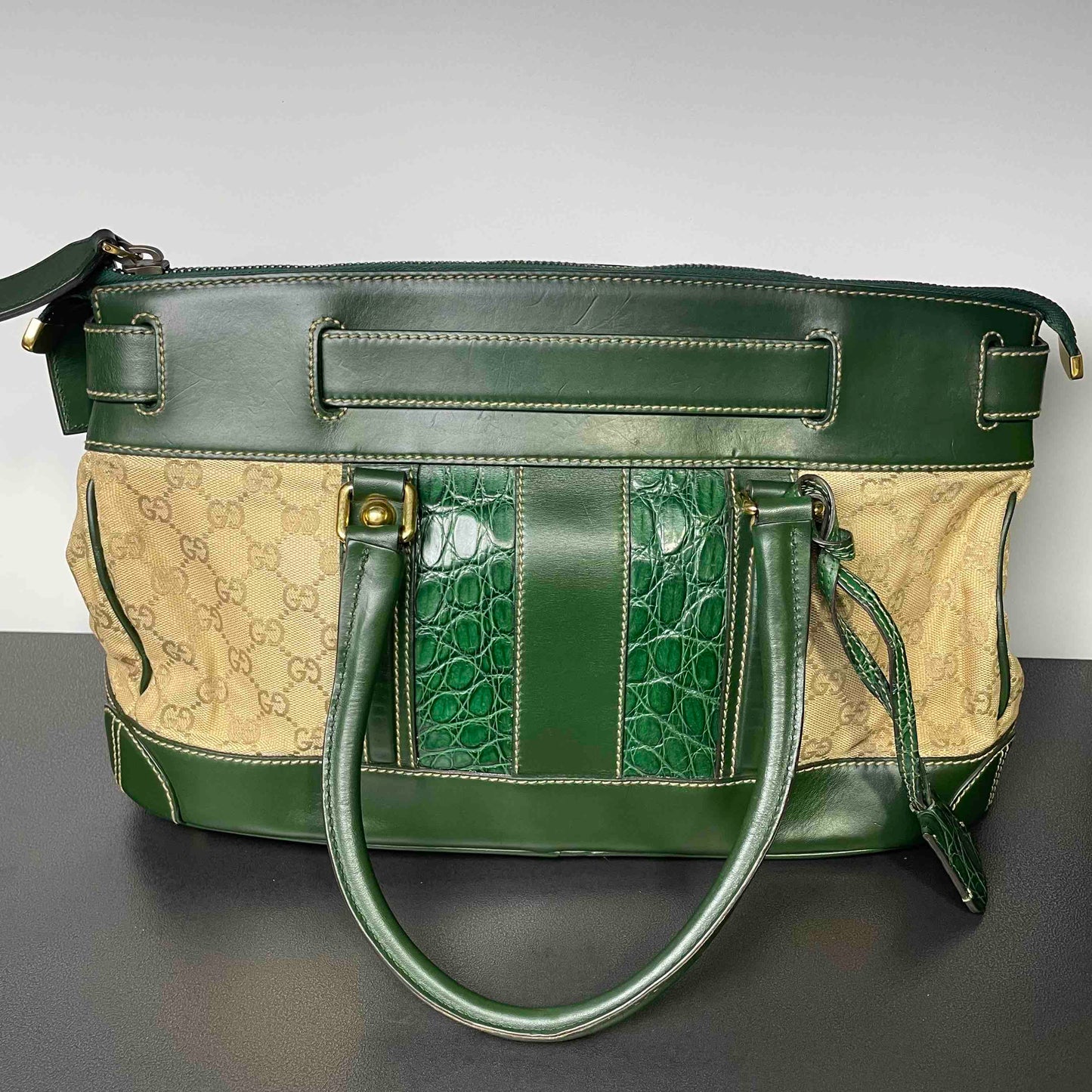 Gucci Heritage Green Canvas and Leather Tote Bag