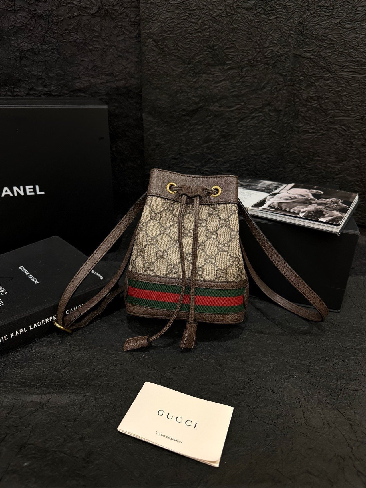 Gucci Ophidia GG Supreme Beige Ebony Mini Bucket Bag