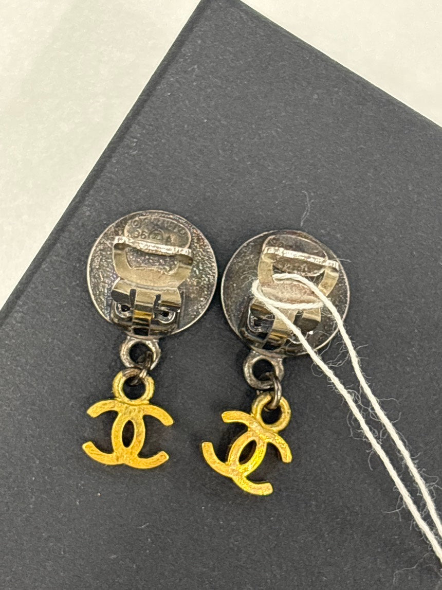 Chanel Coco Paris France Medallion Gold Silver Drop Earrings