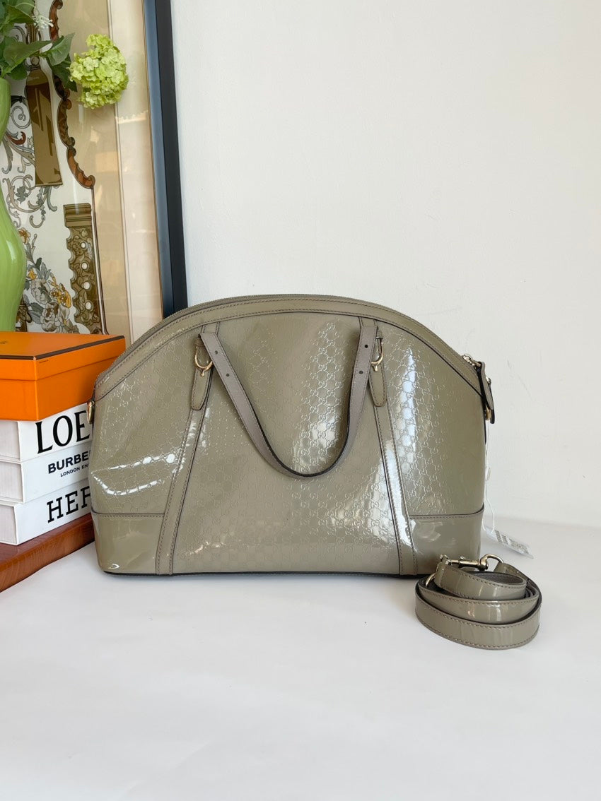 Gucci Patent Leather Handle Bag With Strap Beige Medium