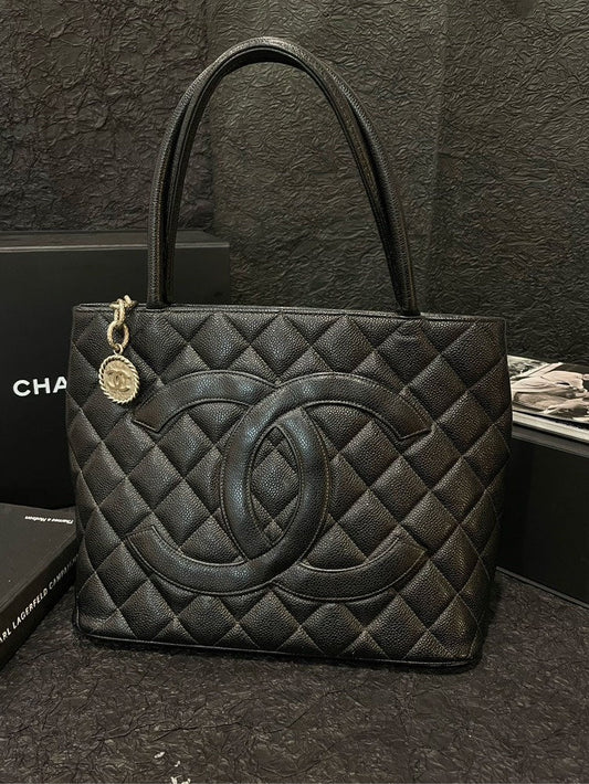 Chanel Vintage Black Leather Classical Hilton Tote Bag Silver Lava Badge