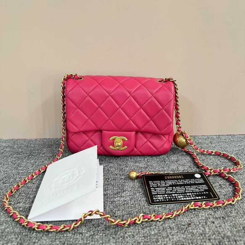 Chanel Mini Square Pink Quilted Leather Flap Bag Gold Chain Strap