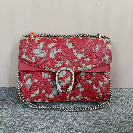 Gucci Dionysus Red Beige Leather Canvas Embroidered Shoulder Bag Medium