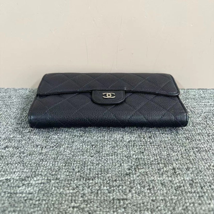 Chanel Black Caviar Leather Quilted Wallet Large