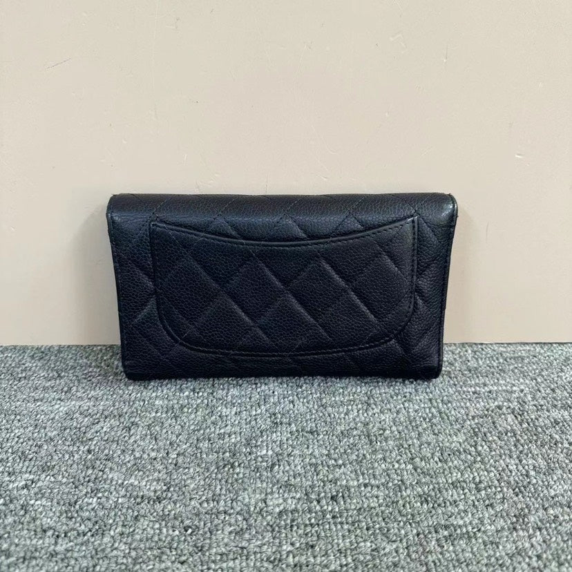Chanel Black Caviar Leather Quilted Wallet Large