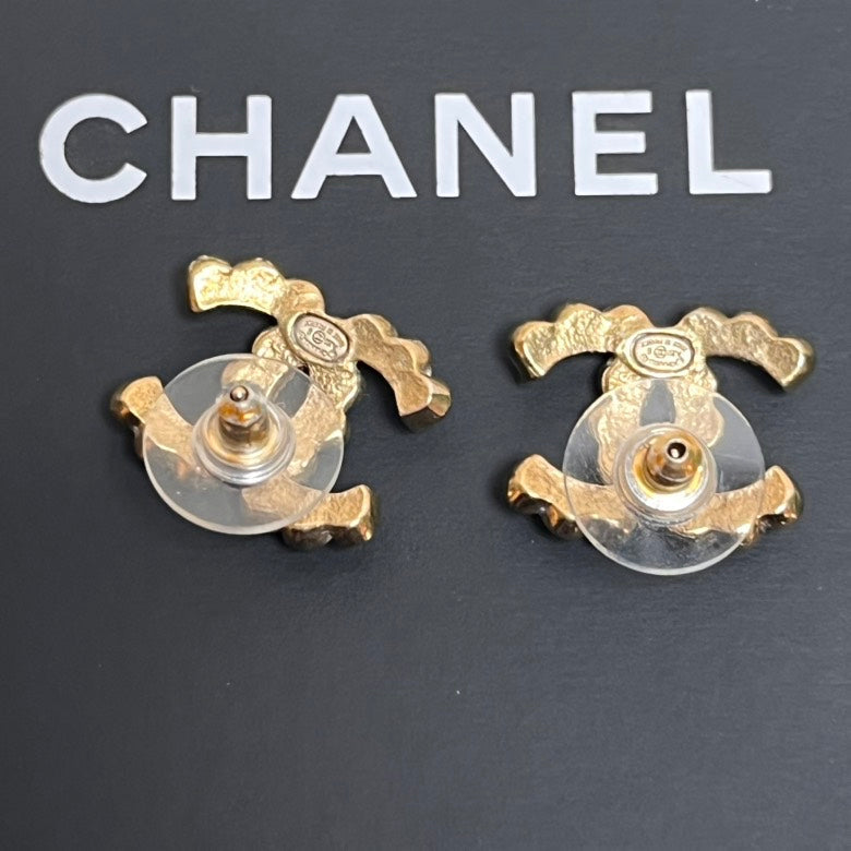 Chanel Gold Crystal Logo Stud Earrings