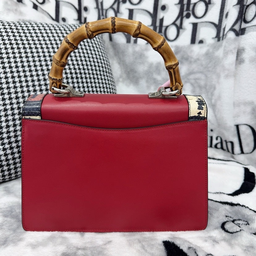 Gucci Red Bamboo Top Handle Snake Accent Handbag