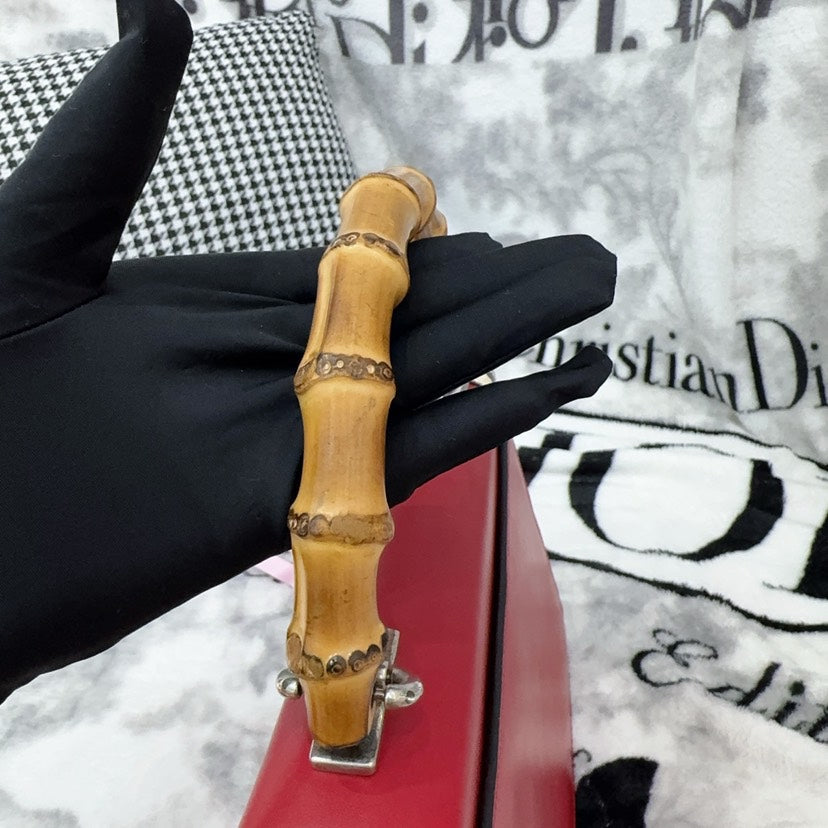 Gucci Red Bamboo Top Handle Snake Accent Handbag