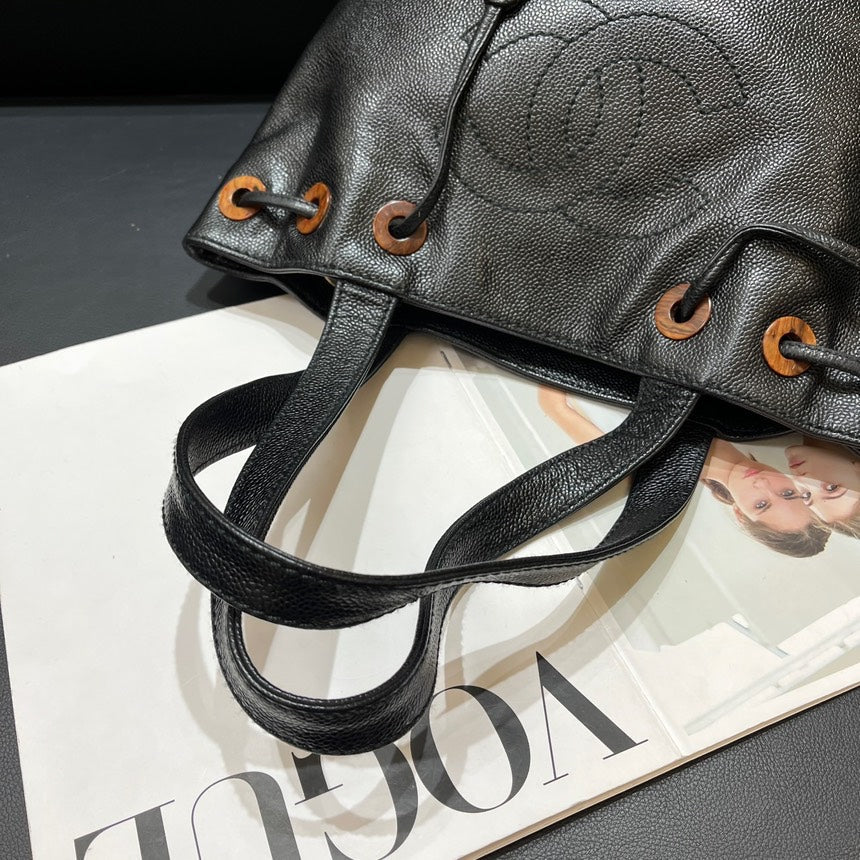 Chanel Black Caviar Drawstring Pear Flower Wood Tote Bag