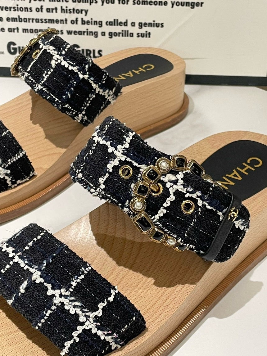 Chanel Black Plaid Wood Sandals Size 38