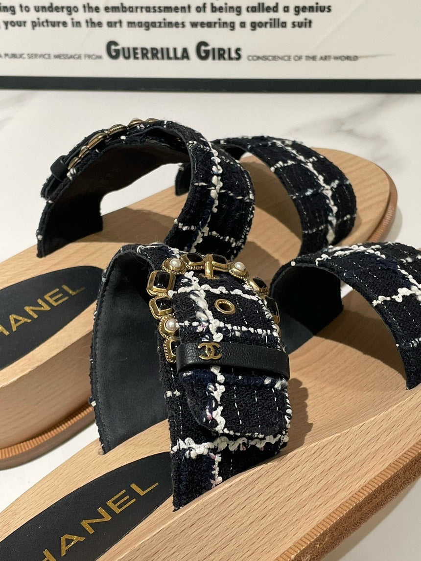 Chanel Black Plaid Wood Sandals Size 38