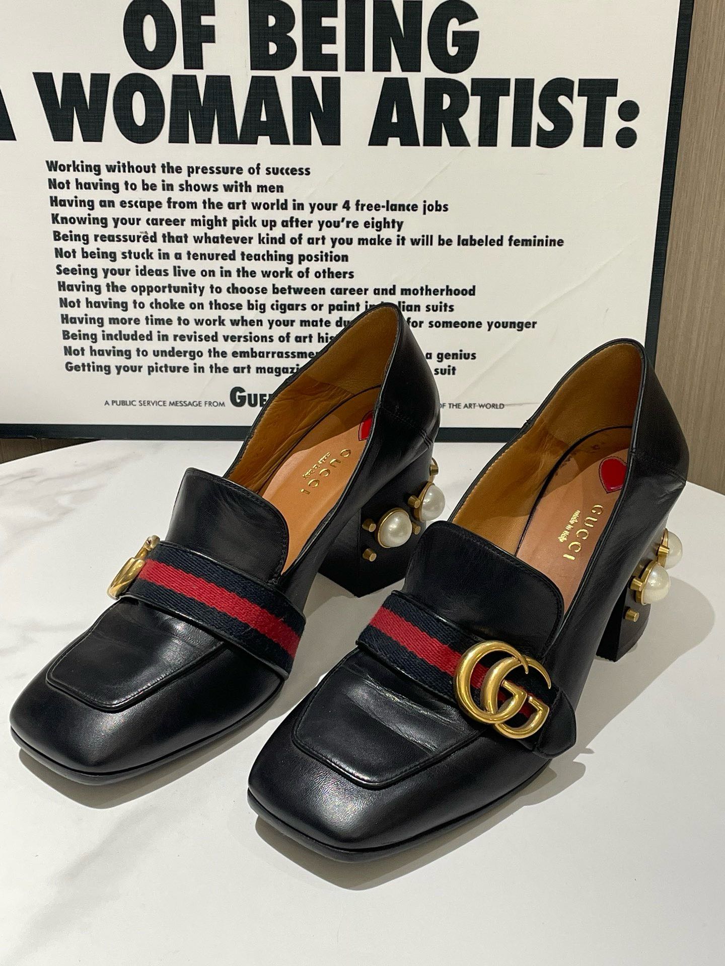 Gucci Black Leather High Heel Loafer with Pearl Detail Size 37.5