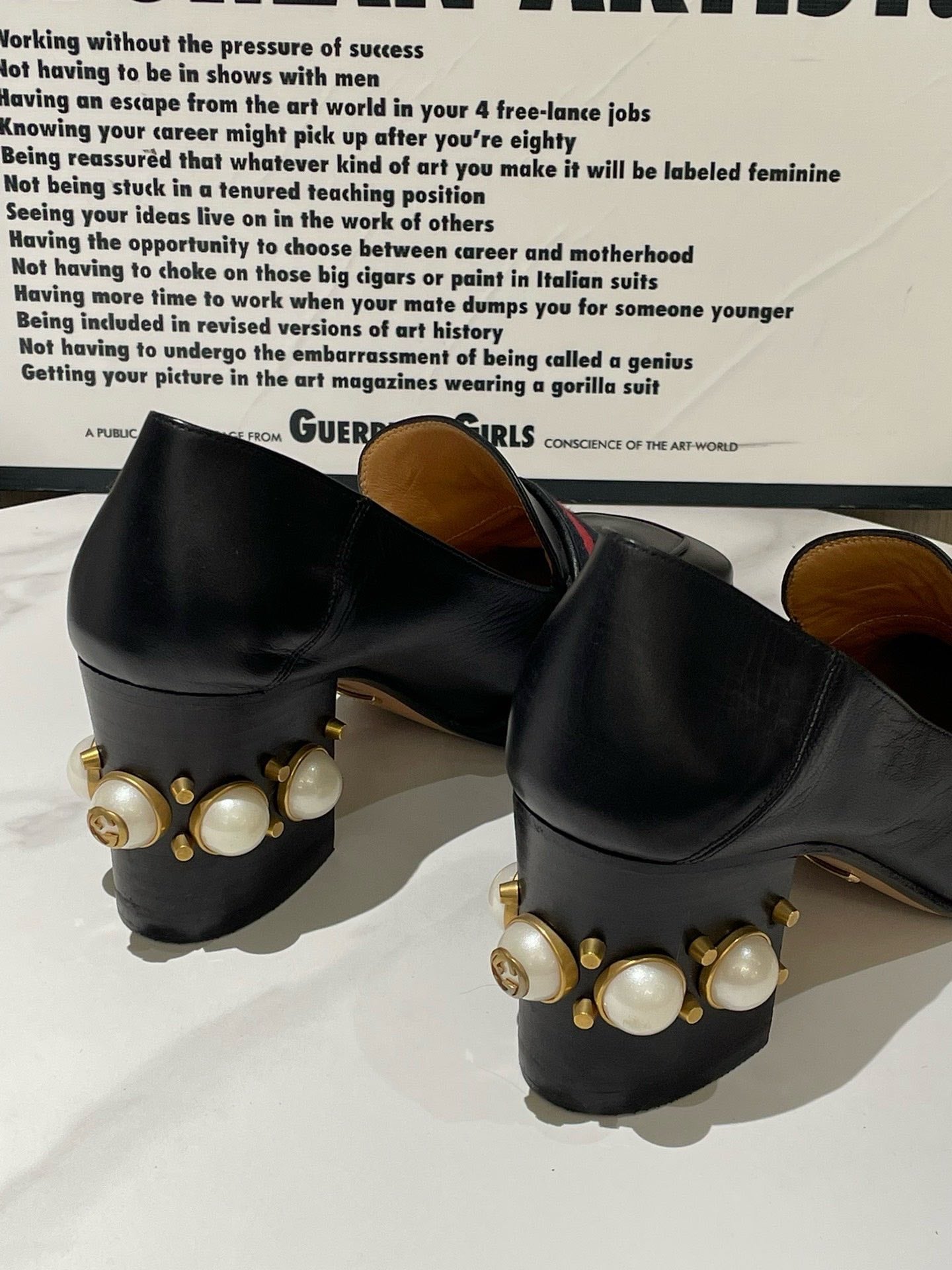 Gucci Black Leather High Heel Loafer with Pearl Detail Size 37.5