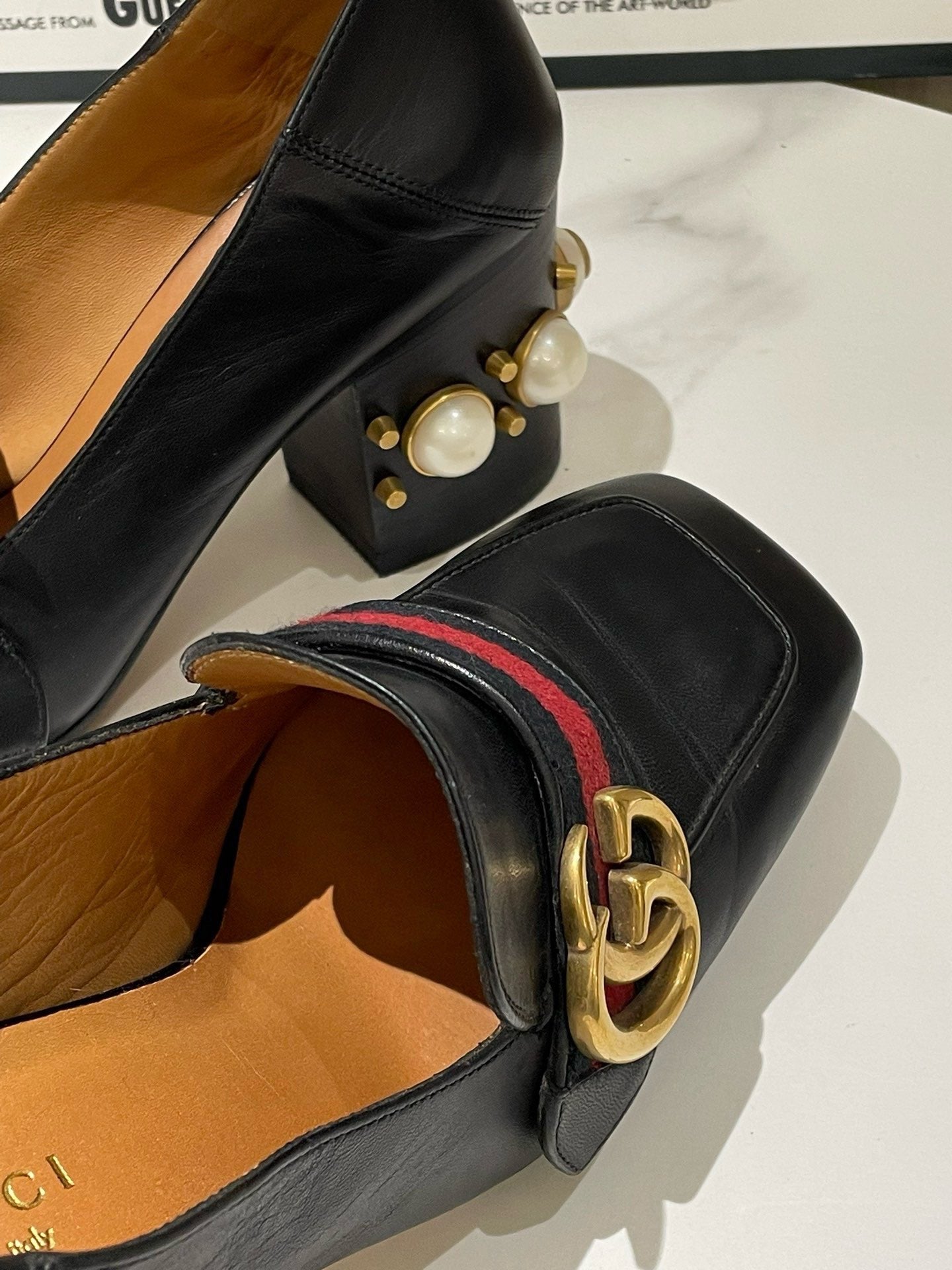 Gucci Black Leather High Heel Loafer with Pearl Detail Size 37.5