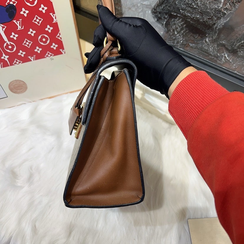 Gucci Padlock Beige Brown Leather GG Supreme Canvas Top Handle Bag Small