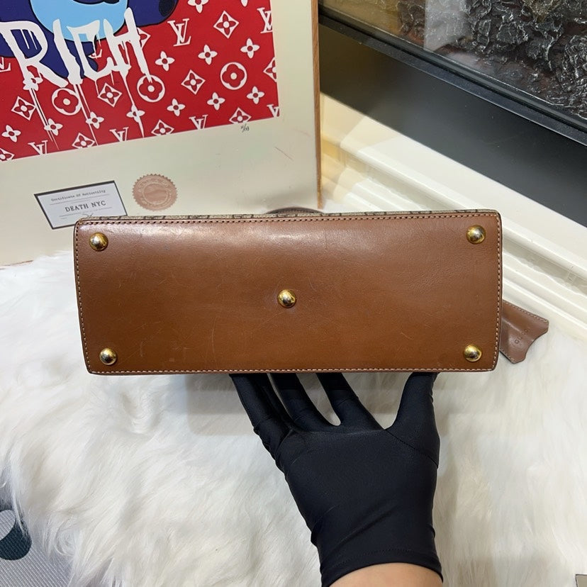 Gucci Padlock Beige Brown Leather GG Supreme Canvas Top Handle Bag Small
