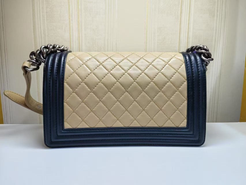 Chanel Leboy Beige Navy Quilted Leather Handbag Medium Size