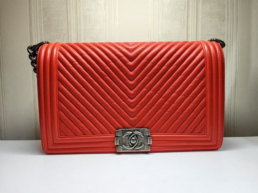 Chanel Red Lambskin Chevron Quilted Leboy Bag Medium