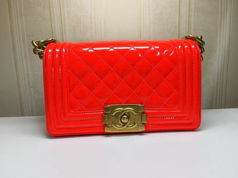 Chanel Le Boy Red Patent Leather Quilted Bag Medium