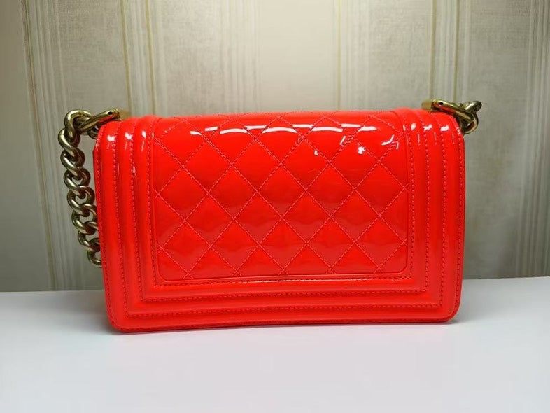 Chanel Le Boy Red Patent Leather Quilted Bag Medium