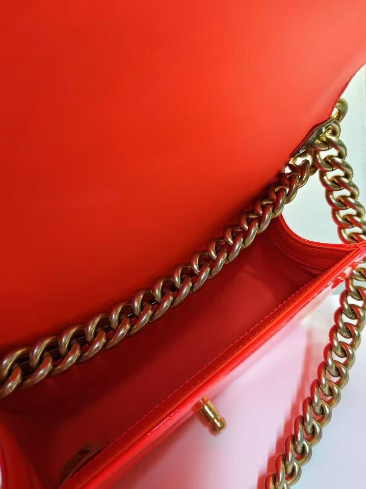 Chanel Le Boy Red Patent Leather Quilted Bag Medium
