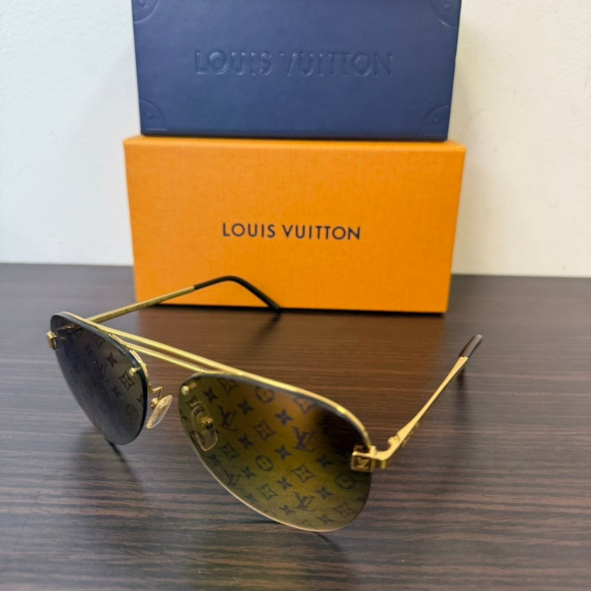Louis Vuitton Monogram Sunglasses Gold Brown Size 60