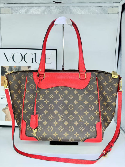 Louis Vuitton Monogram Canvas Red Leather Tote Bag Medium