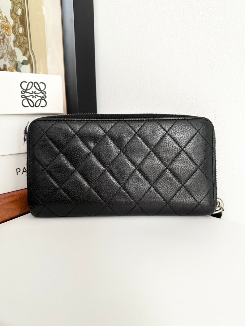Chanel Black Quilted Leather Zip Around Wallet