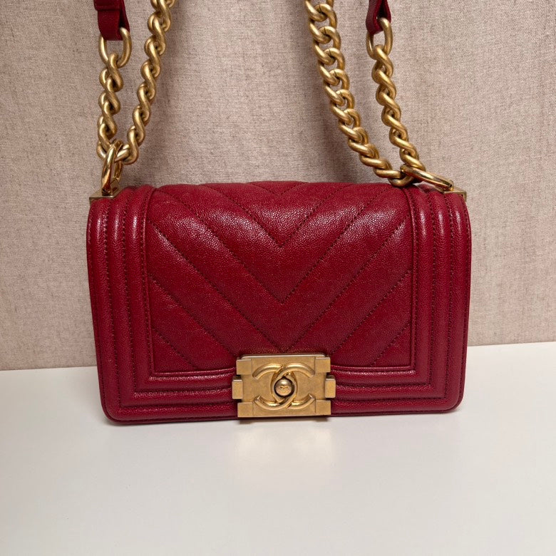 Chanel Leboy Small Red Leather Chevron Quilted Bag
