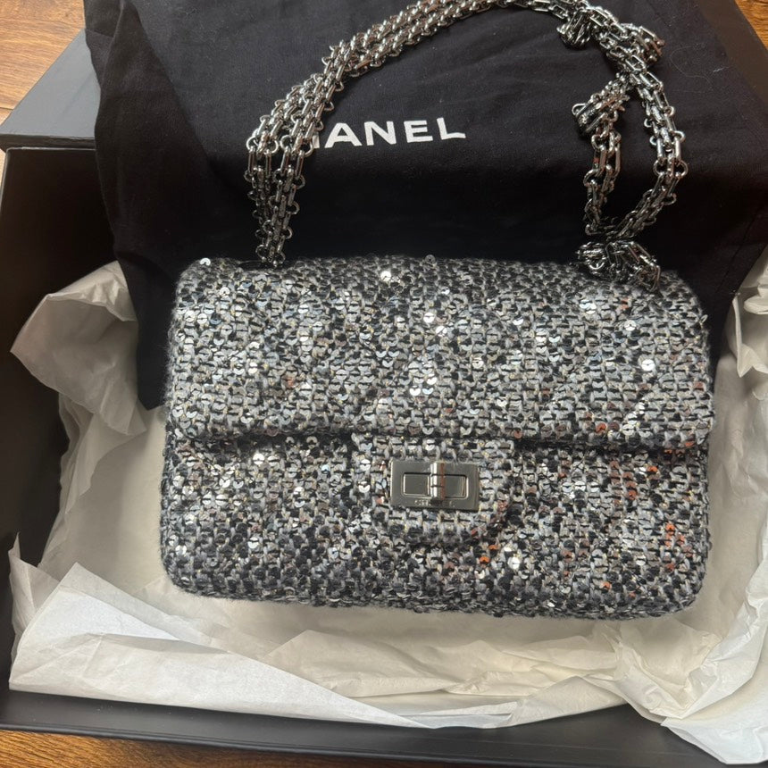Chanel 2.55 Silver Sequin Chain Flap Bag Medium