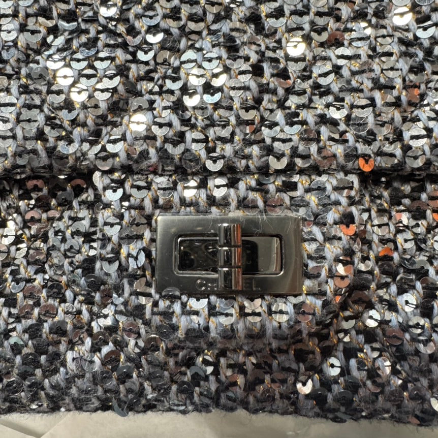 Chanel 2.55 Silver Sequin Chain Flap Bag Medium