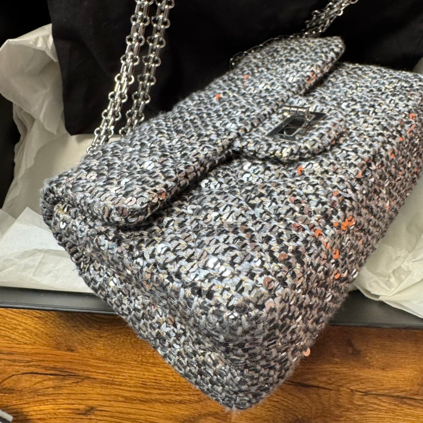 Chanel 2.55 Silver Sequin Chain Flap Bag Medium