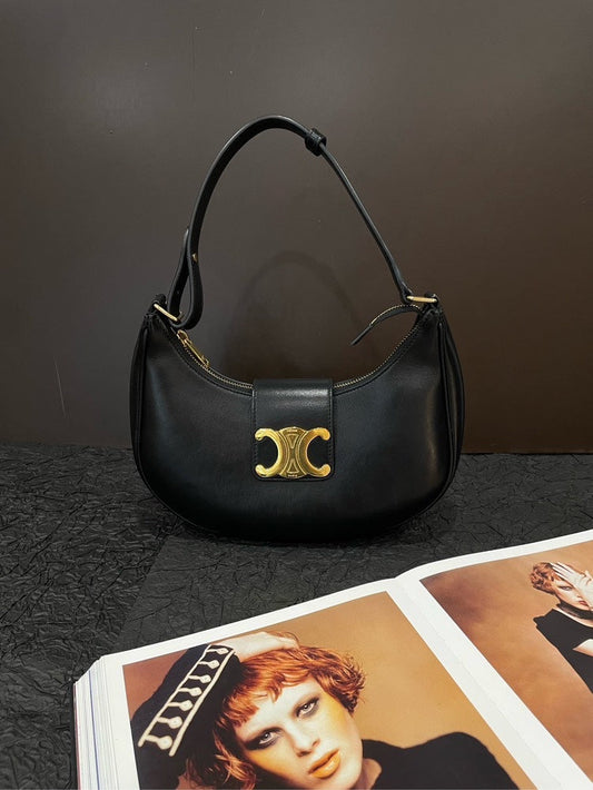 Celine Triomphe Ave Black Leather Hobo Shoulder Bag Medium