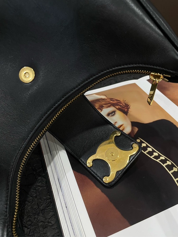 Celine Triomphe Ave Black Leather Hobo Shoulder Bag Medium