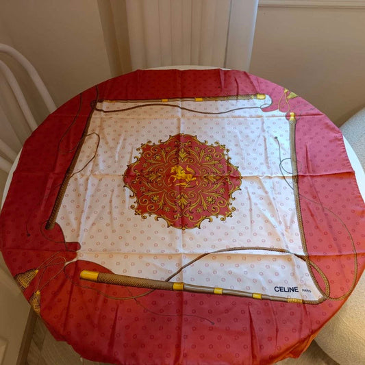 Celine Vintage Red White Print Silk Square Scarf